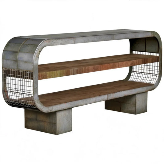 Kredens industrialny ze stali i litego drewna mango, szaro-brązowy, 180 x 45 x 85 cm